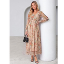 Women's Floral Mesh Long Sleeve Empire Waist Maxi Dress