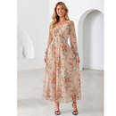 Women's Floral Mesh Long Sleeve Empire Waist Maxi Dress