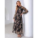 Women's Floral Mesh Long Sleeve A-Line Maxi Dress