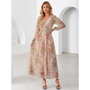 Women's Floral Mesh Long Sleeve Empire Waist Maxi Dress