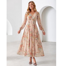Women's Floral Mesh Long Sleeve Empire Waist Maxi Dress