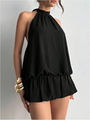 Women's Backless Halter Ruffle Hem Mini Dress