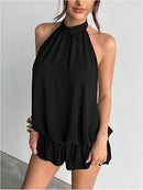 Women's Backless Halter Ruffle Hem Mini Dress