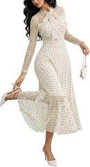 Women's Polka Dot Tie-Neck Ruffle A-Line Dress