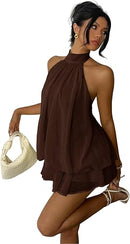 Women's Backless Halter Ruffle A-Line Mini Dress