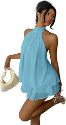 Women's Backless Halter Ruffle A-Line Mini Dress
