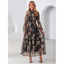 Women's Floral Mesh Long Sleeve A-Line Maxi Dress