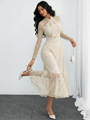 Women's Polka Dot Tie-Neck Ruffle A-Line Dress