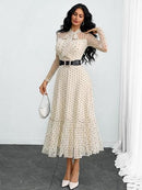 Women's Polka Dot Tie-Neck Ruffle A-Line Dress