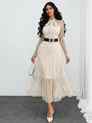 Women's Polka Dot Tie-Neck Ruffle A-Line Dress