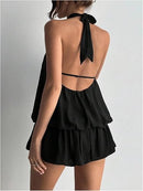 Women's Backless Halter Ruffle Hem Mini Dress