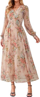 Women's Floral Mesh Long Sleeve Empire Waist Maxi Dress