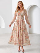Women's Floral Mesh Long Sleeve Empire Waist Maxi Dress