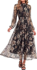 Women's Floral Mesh Long Sleeve A-Line Maxi Dress