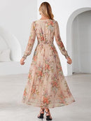 Women's Floral Mesh Long Sleeve Empire Waist Maxi Dress
