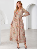 Women's Floral Mesh Long Sleeve Empire Waist Maxi Dress