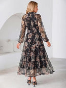 Women's Floral Mesh Long Sleeve A-Line Maxi Dress