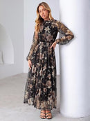 Women's Floral Mesh Long Sleeve A-Line Maxi Dress