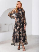 Women's Floral Mesh Long Sleeve A-Line Maxi Dress