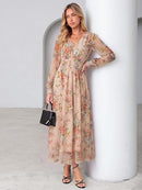 Women's Floral Mesh Long Sleeve Empire Waist Maxi Dress