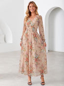 Women's Floral Mesh Long Sleeve Empire Waist Maxi Dress