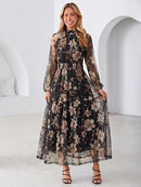 Women's Floral Mesh Long Sleeve A-Line Maxi Dress